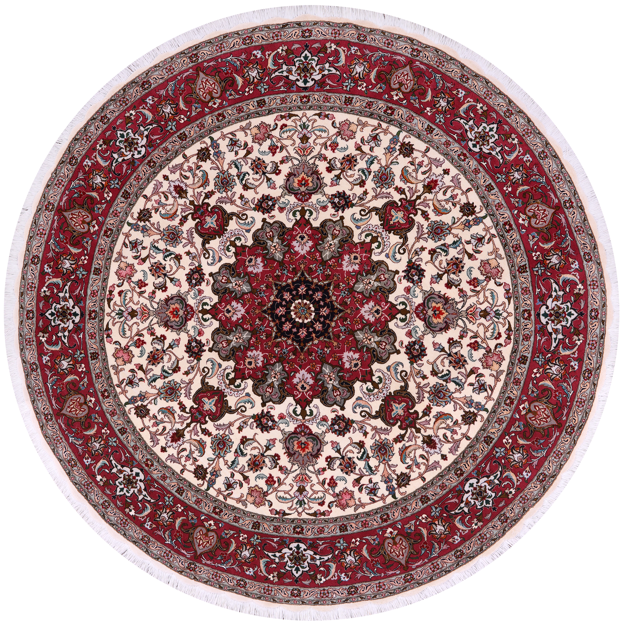 Round Persian Tabriz Hand Knotted Wool & Silk Rug - 6' 7" X 6' 7"
