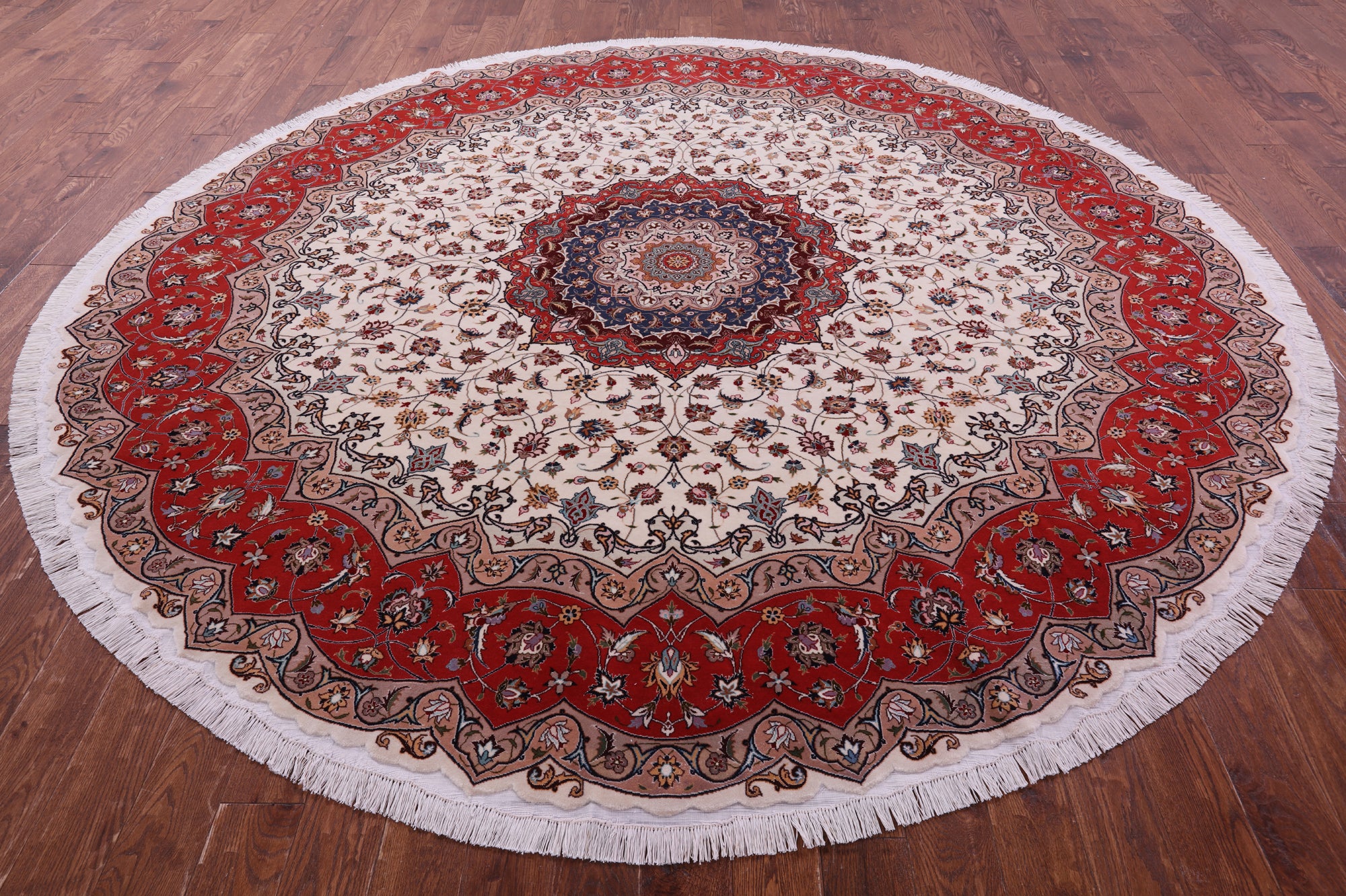 Round Persian Tabriz Hand Knotted Wool & Silk Rug - 9' 8" X 9' 8" - Golden Nile