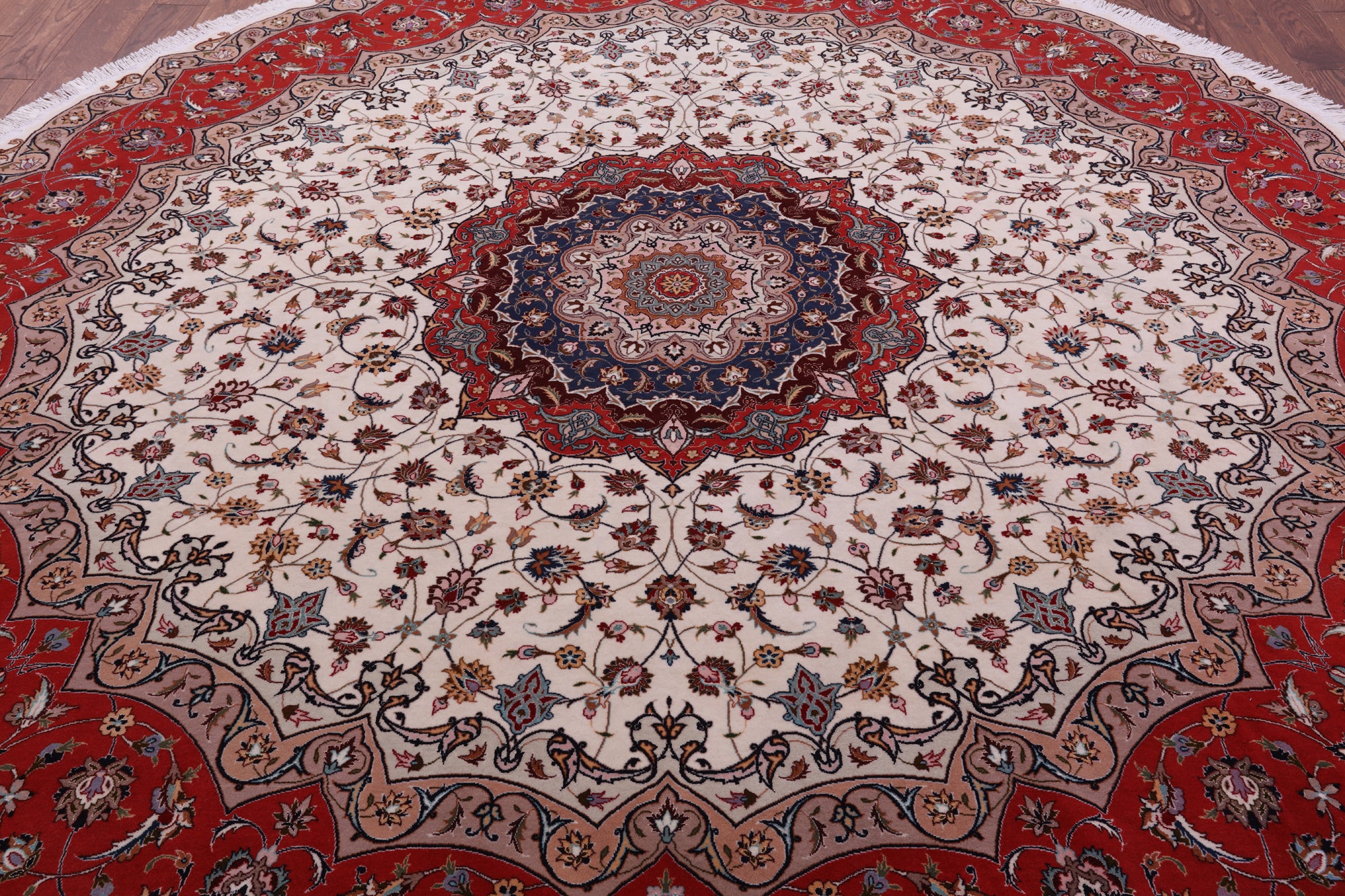 Round Persian Tabriz Hand Knotted Wool & Silk Rug - 9' 8" X 9' 8" - Golden Nile