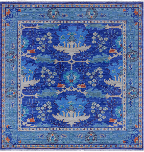 Blue Square Turkish Oushak Handmade Wool Rug - 11' 1" X 11' 1"