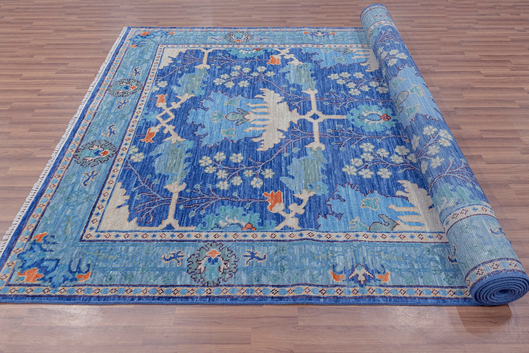 Blue Turkish Oushak Hand Knotted Wool Rug - 7' 1" X 14' 7" - Golden Nile