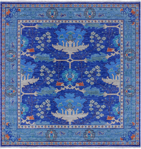 Blue Square Turkish Oushak Hand Knotted Wool Rug - 12' 1