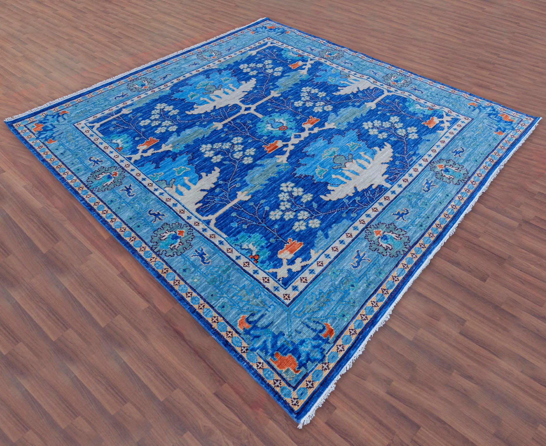 Blue Square Turkish Oushak Hand Knotted Wool Rug - 6' 0" X 6' 0" - Golden Nile