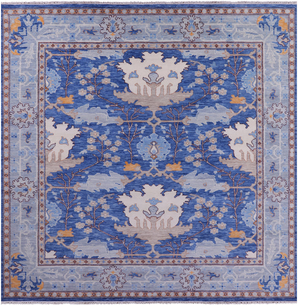 Blue Square Turkish Oushak Handmade Wool Rug - 11' 2" X 11' 6" - Golden Nile