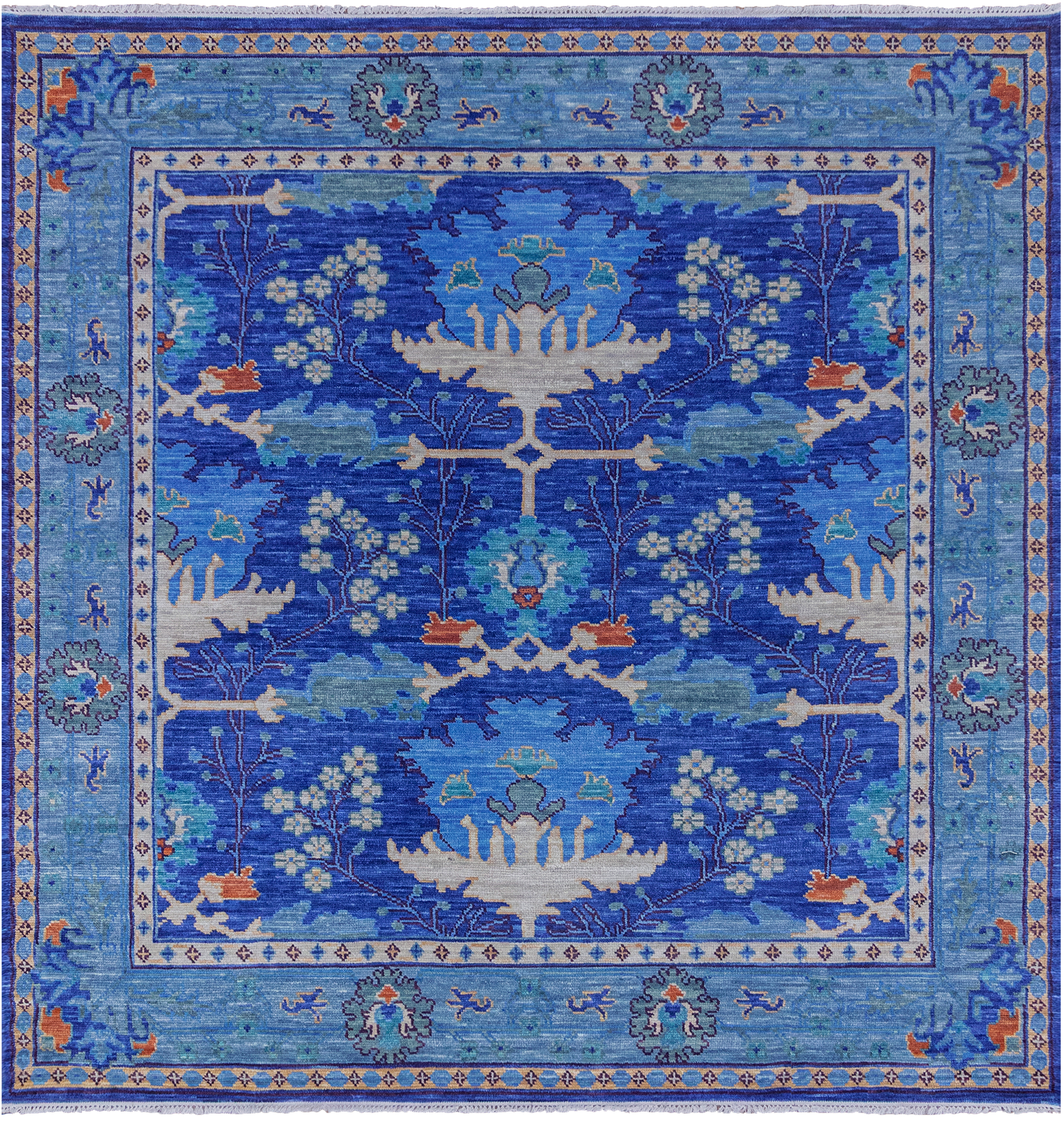 Blue Square Turkish Oushak Hand Knotted Wool Rug - 7' 1" X 7' 1" - Golden Nile