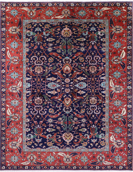 Blue Persian Fine Serapi Hand Knotted Wool Rug - 9' 0" X 12' 0" - Golden Nile