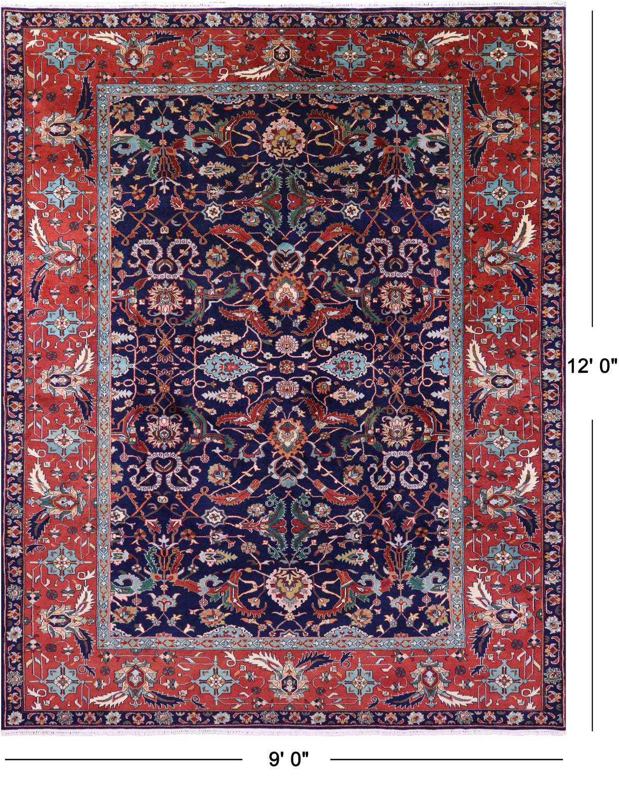 Blue Persian Fine Serapi Hand Knotted Wool Rug - 9' 0" X 12' 0" - Golden Nile