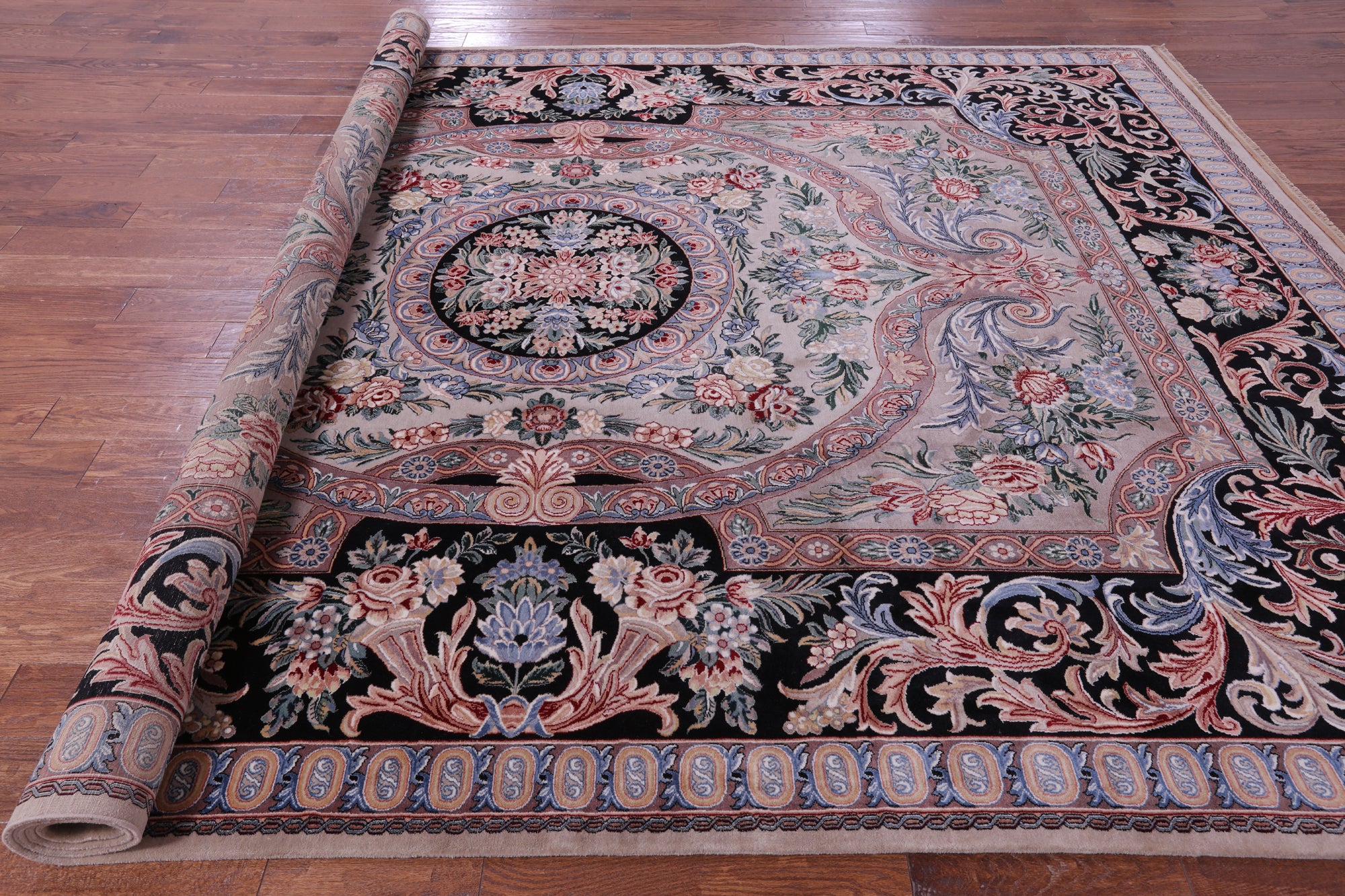 Grey/Black French Aubusson Hand Knotted Wool Rug - 9' 0" X 12' 1"