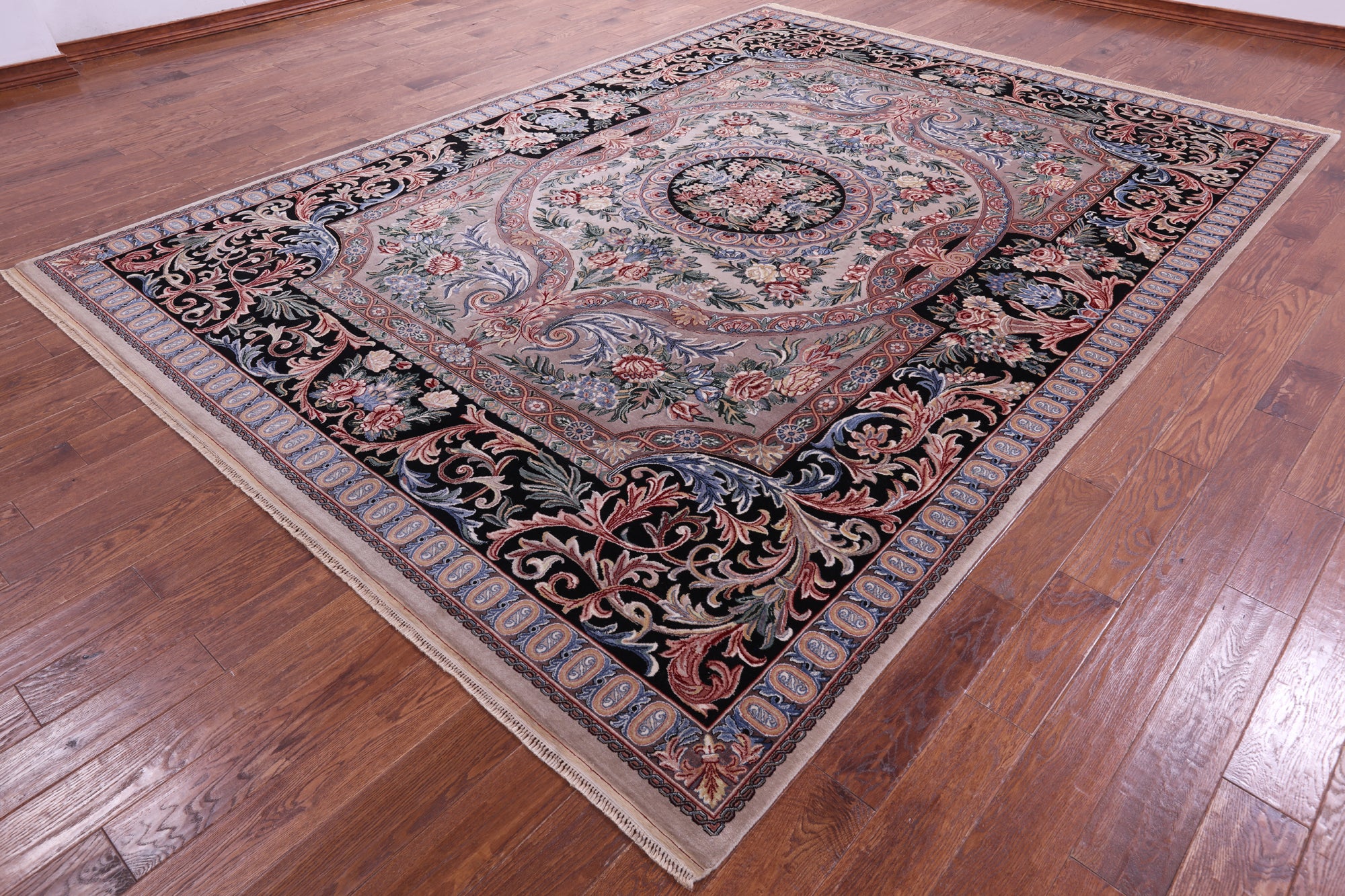 Grey/Black French Aubusson Hand Knotted Wool Rug - 9' 0" X 12' 1"
