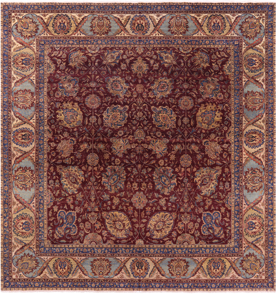 Red Antique Even Wear Persian Tabriz Handmade Wool Rug - 12' 2" X 13' 3" - Golden Nile