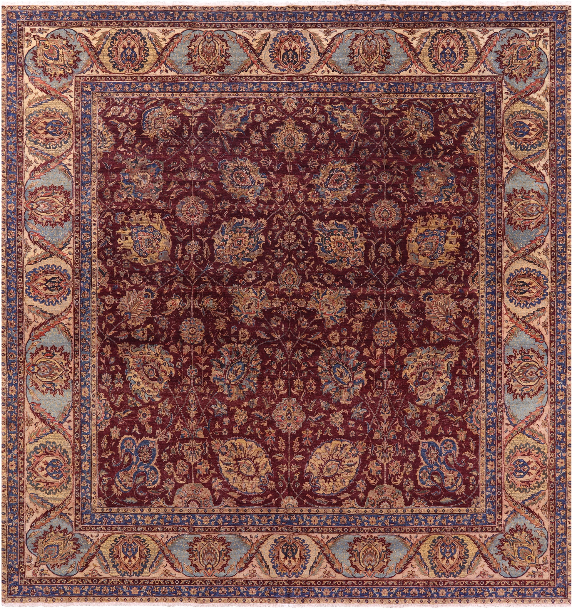 Red Antique Even Wear Persian Tabriz Handmade Wool Rug - 12' 2" X 13' 3" - Golden Nile