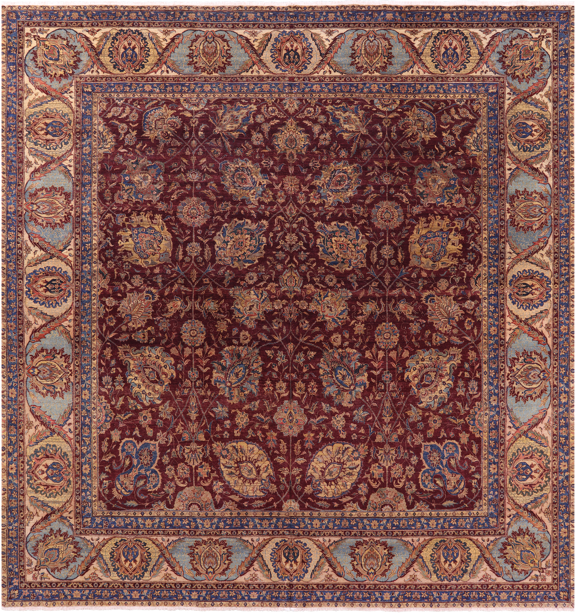 Red Antique Even Wear Persian Tabriz Handmade Wool Rug - 12' 2" X 13' 3" - Golden Nile