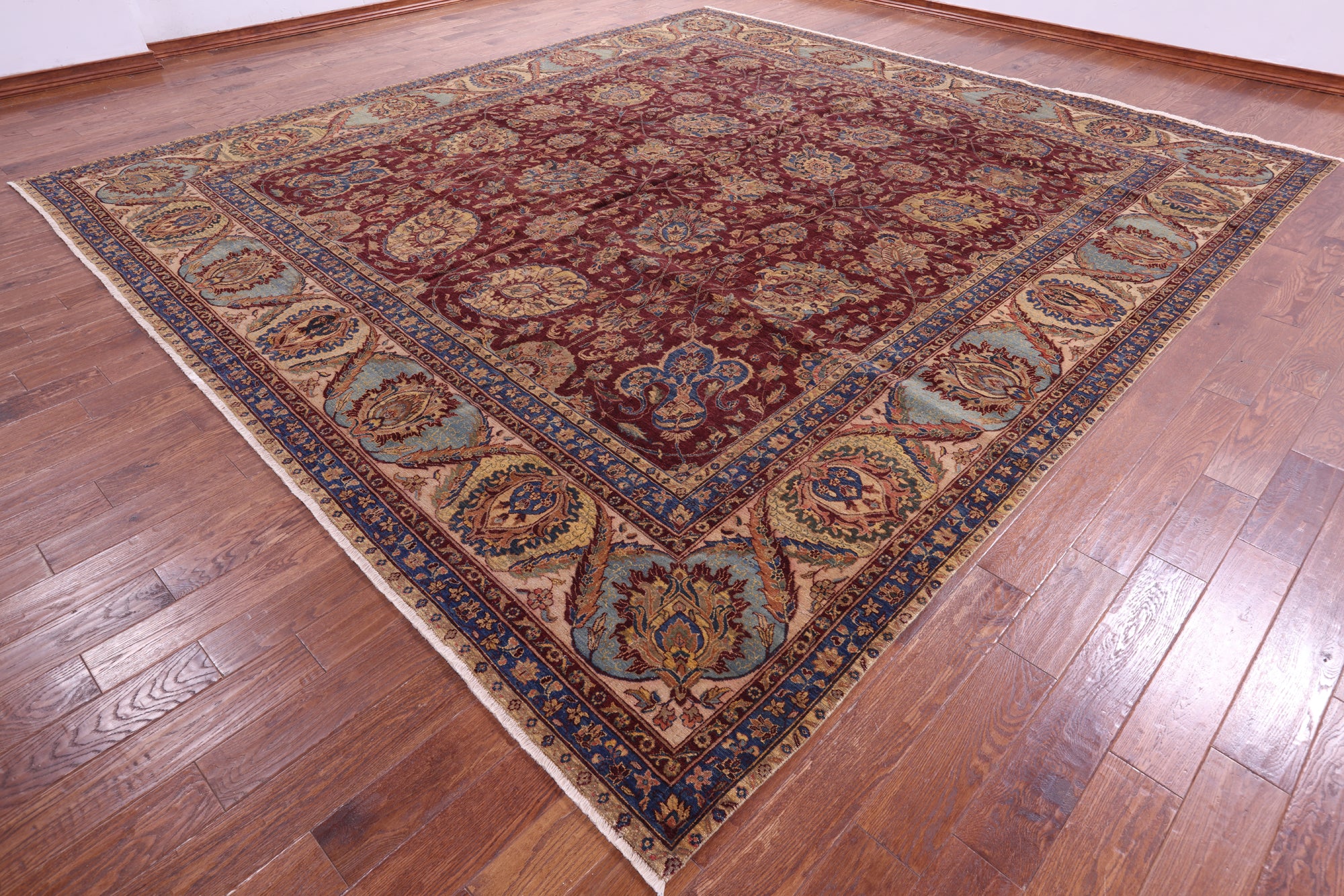 Red Antique Even Wear Persian Tabriz Handmade Wool Rug - 12' 2" X 13' 3" - Golden Nile