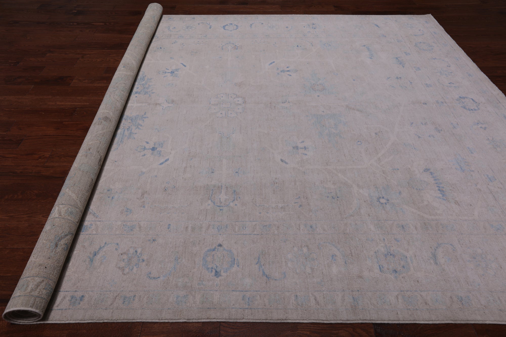 Ivory Washed Out Peshawar Hand Knotted Wool Rug - 9' 0" X 11' 9"