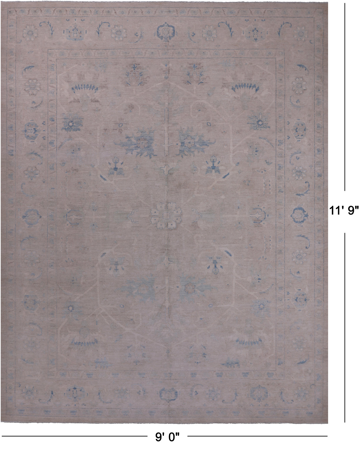 Ivory Washed Out Peshawar Hand Knotted Wool Rug - 9' 0" X 11' 9"