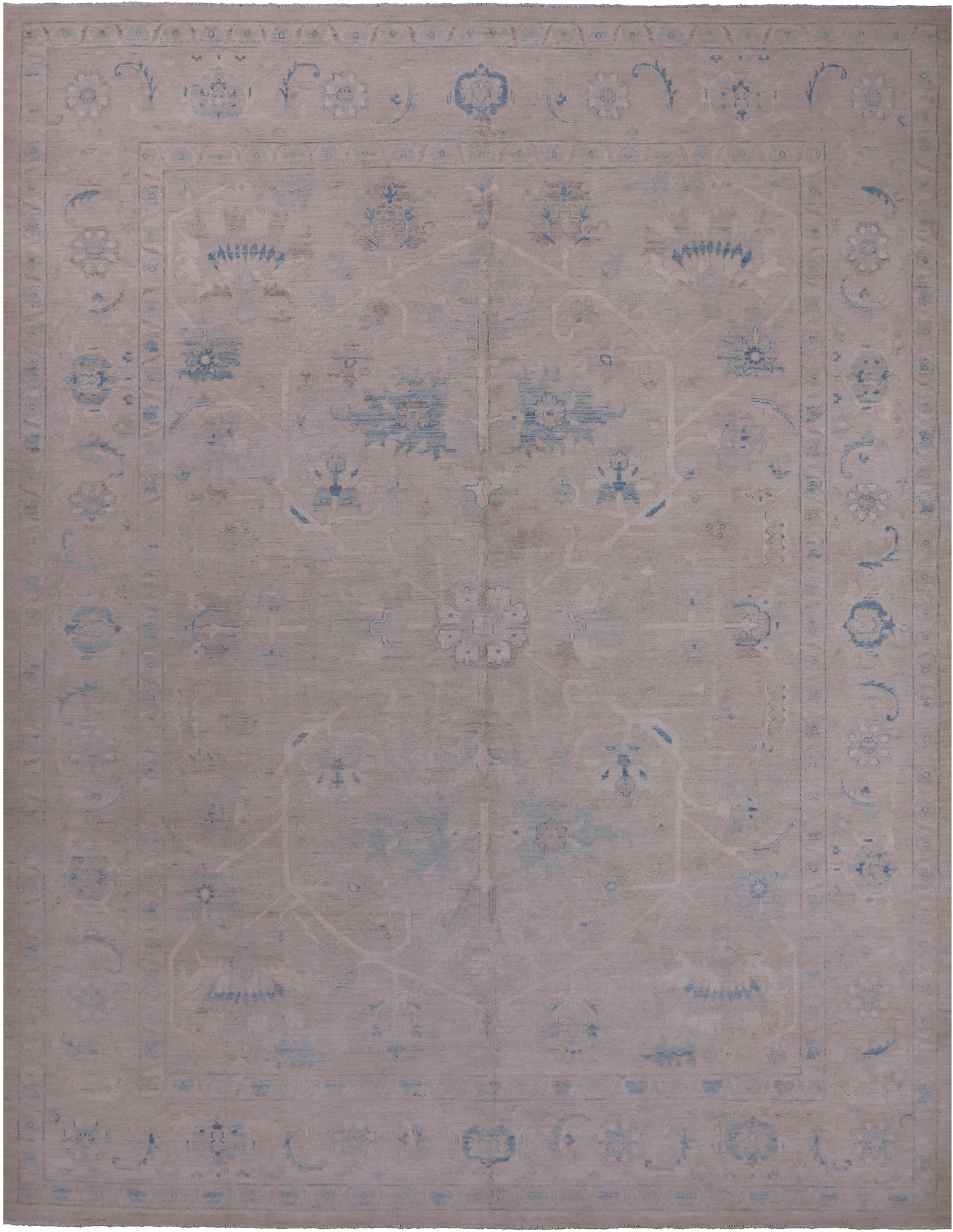 Ivory Washed Out Peshawar Hand Knotted Wool Rug - 9' 0" X 11' 9"