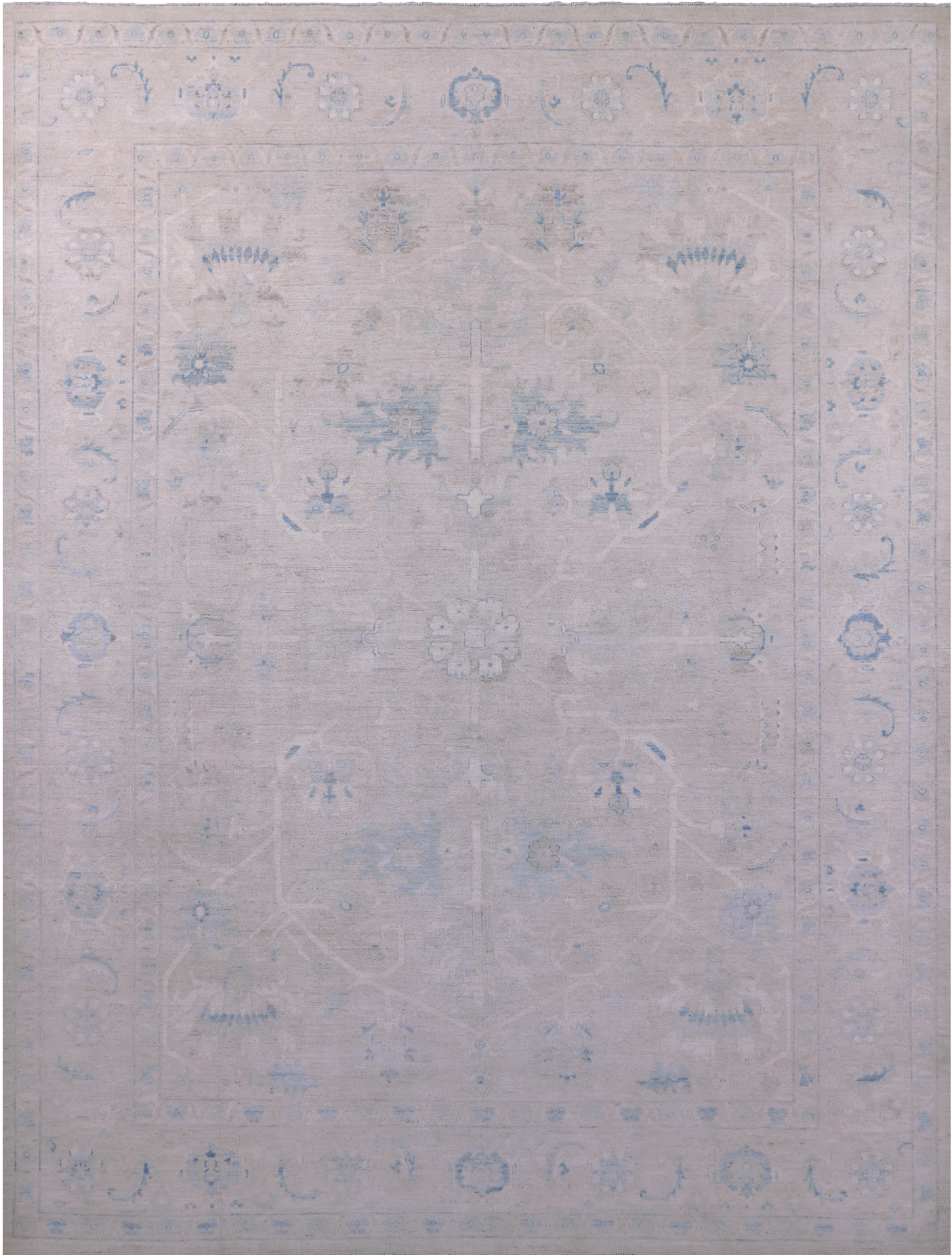 Ivory Washed Out Peshawar Hand Knotted Wool Rug - 9' 0" X 11' 9" - Golden Nile