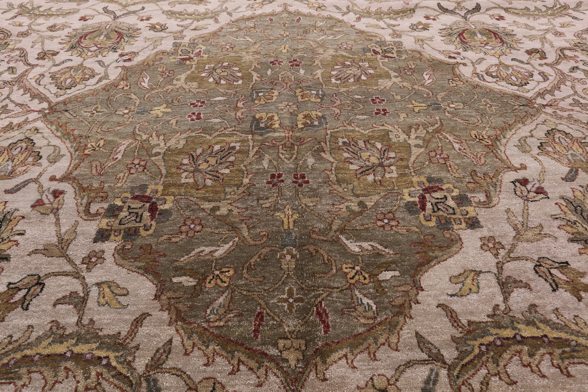 Ivory/Olive Green Border Persian Tabriz Handmade Wool Rug - 11' 8" X 15' 0" - Golden Nile