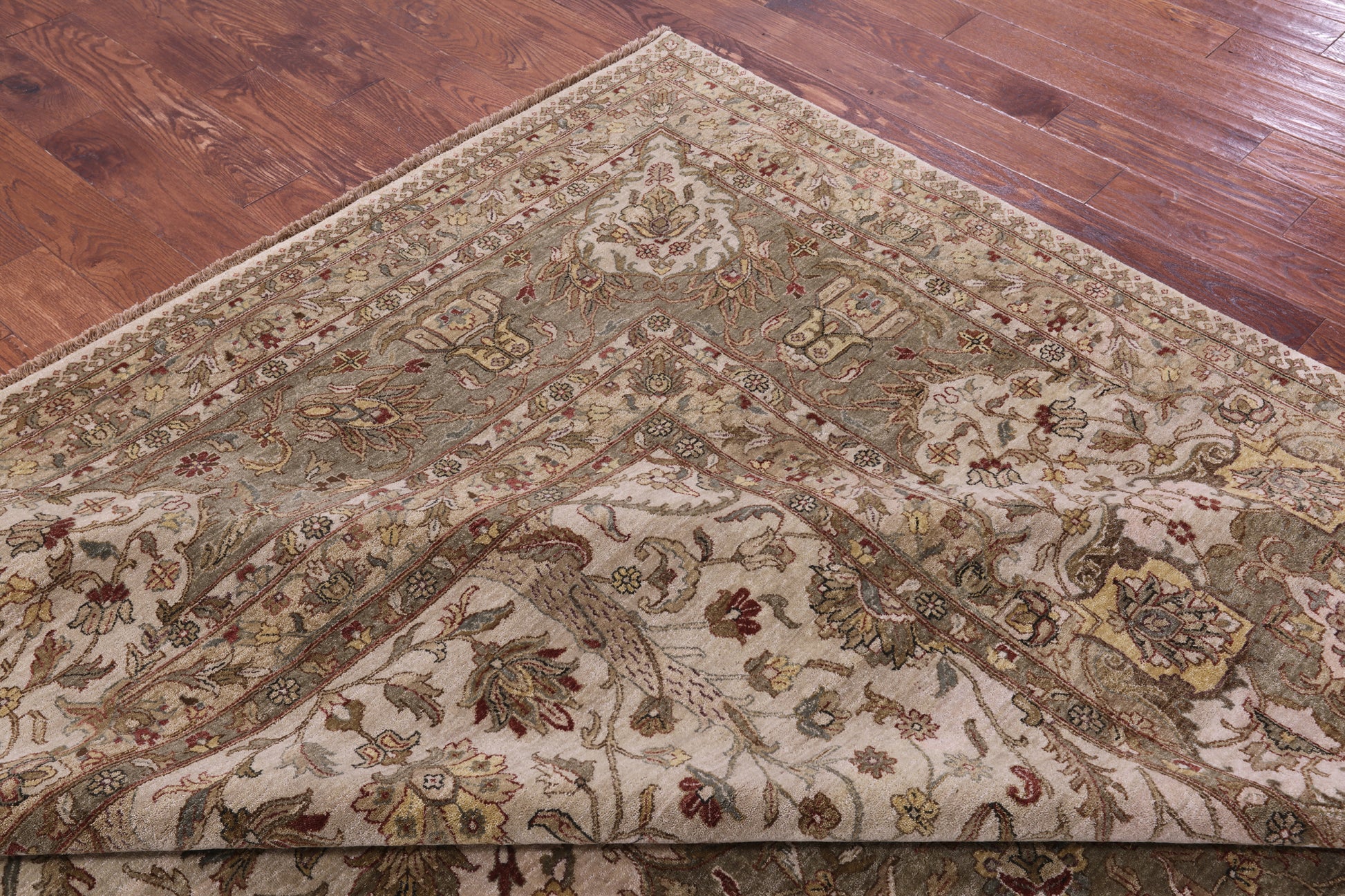 Ivory/Olive Green Border Persian Tabriz Handmade Wool Rug - 11' 8" X 15' 0" - Golden Nile