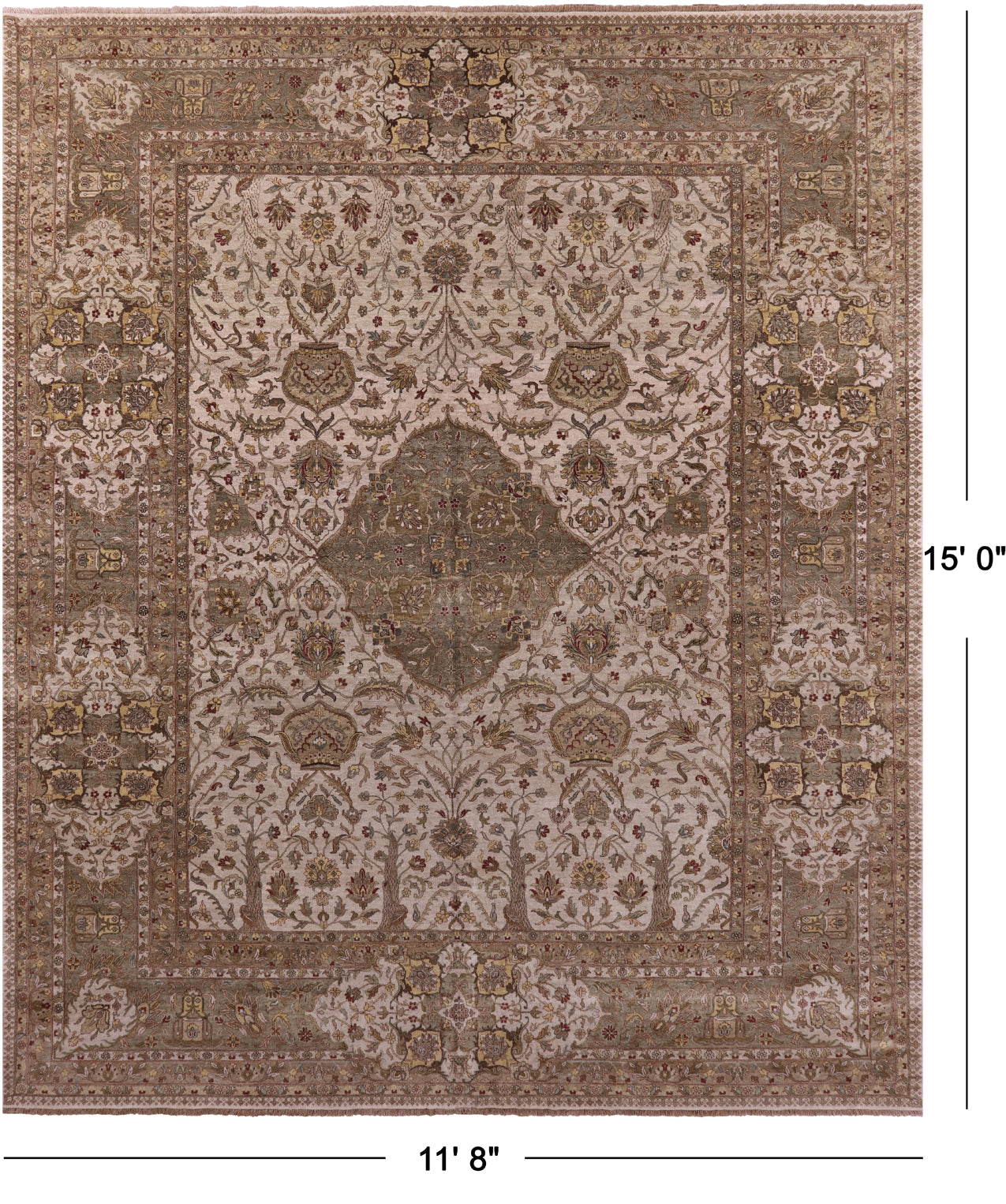 Ivory/Olive Green Border Persian Tabriz Handmade Wool Rug - 11' 8" X 15' 0" - Golden Nile