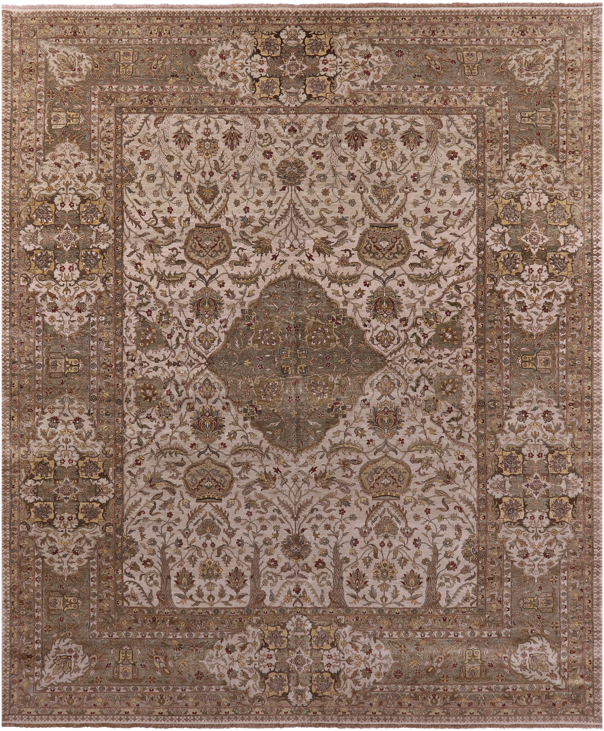 Ivory/Olive Green Border Persian Tabriz Handmade Wool Rug - 11' 8" X 15' 0" - Golden Nile