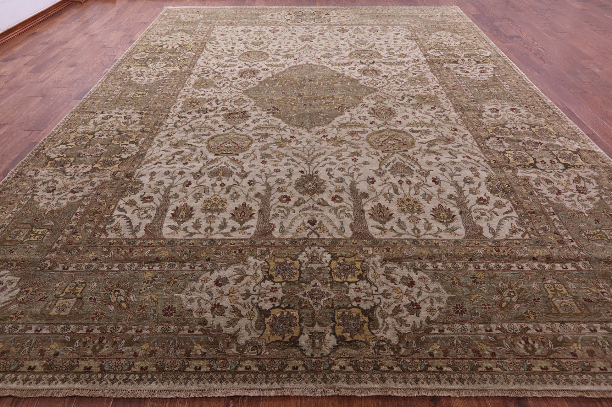 Ivory/Olive Green Border Persian Tabriz Handmade Wool Rug - 11' 8" X 15' 0" - Golden Nile