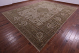 Ivory/Olive Green Border Persian Tabriz Handmade Wool Rug - 11' 8" X 15' 0" - Golden Nile