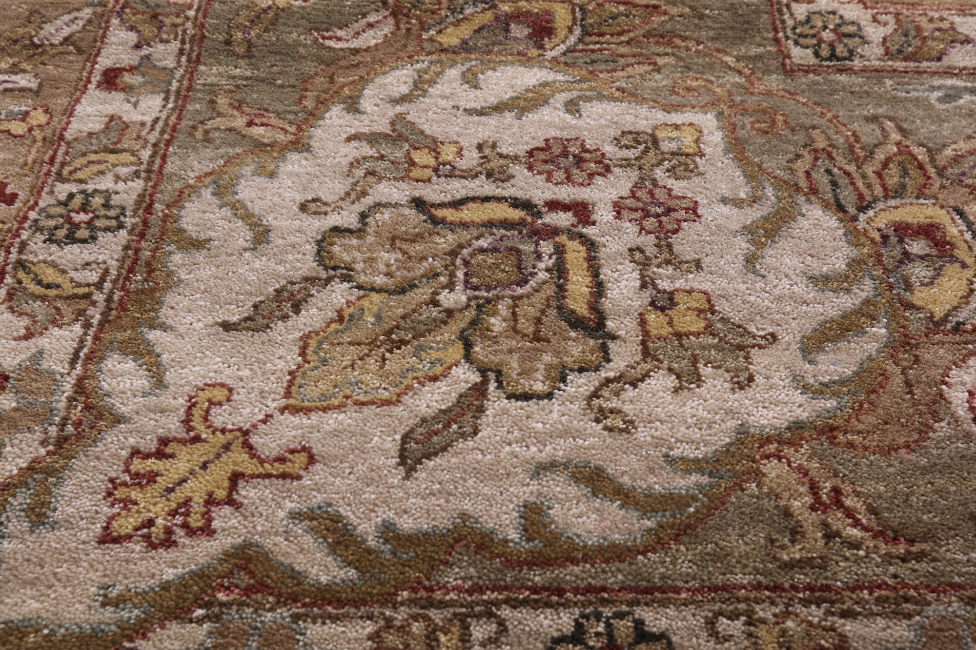 Ivory/Olive Green Border Persian Tabriz Handmade Wool Rug - 11' 8" X 15' 0" - Golden Nile