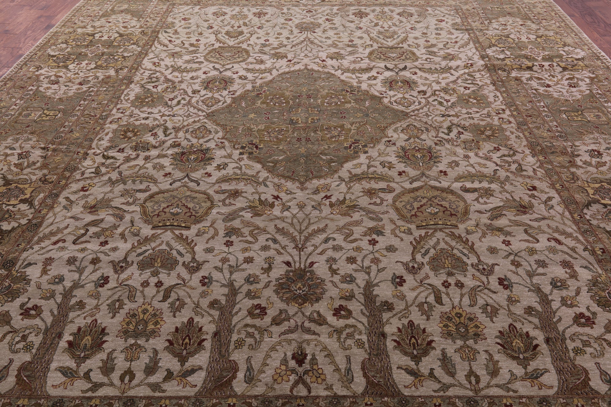 Ivory/Olive Green Border Persian Tabriz Handmade Wool Rug - 11' 8" X 15' 0" - Golden Nile