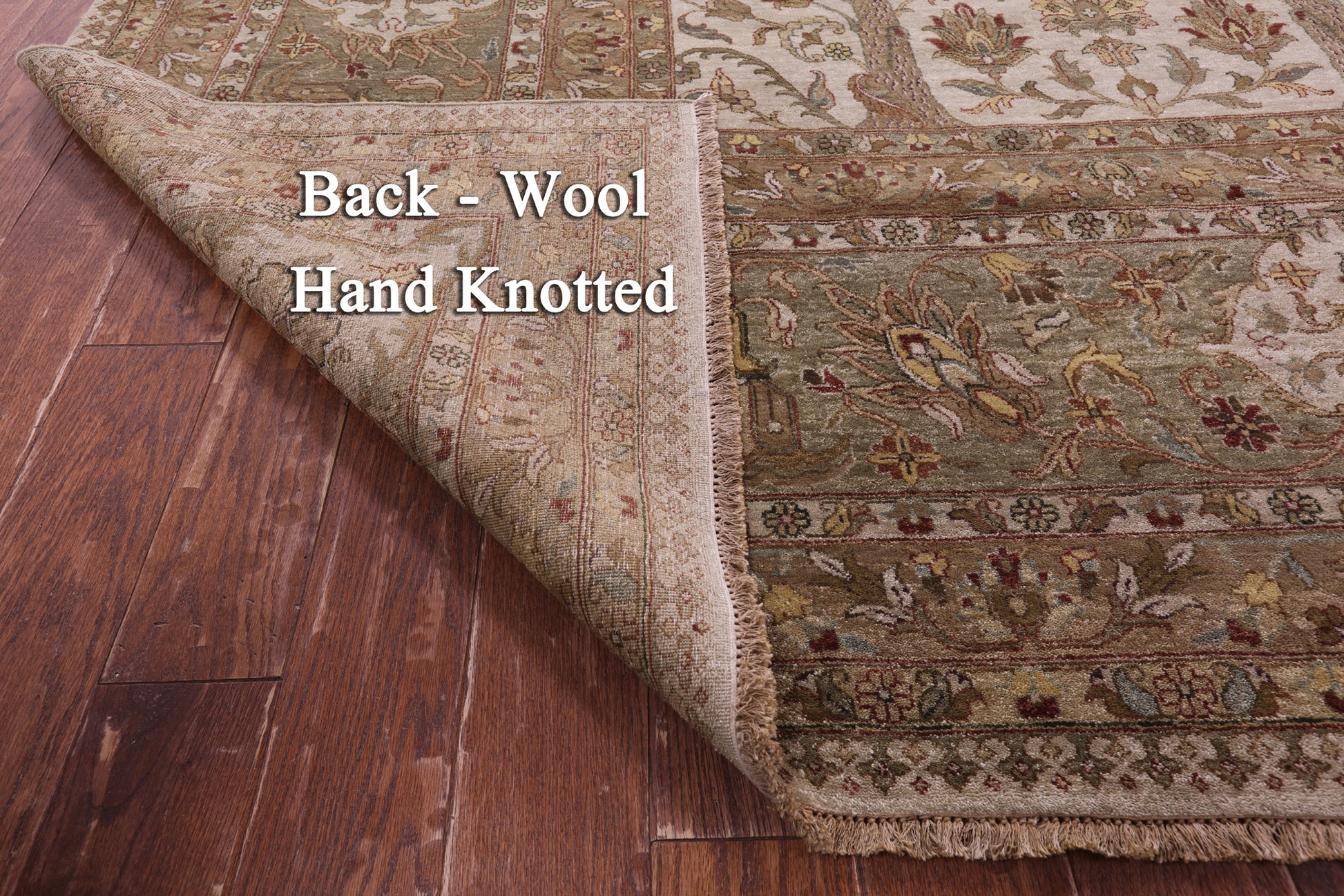 Ivory/Olive Green Border Persian Tabriz Handmade Wool Rug - 11' 8" X 15' 0" - Golden Nile