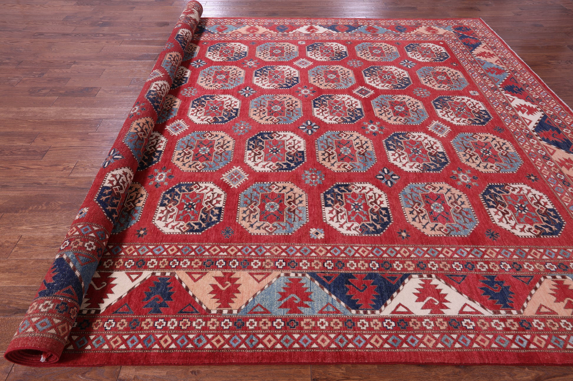 Red Turkmen Ersari Hand Knotted Wool Rug - 10' 1" X 13' 6" - Golden Nile