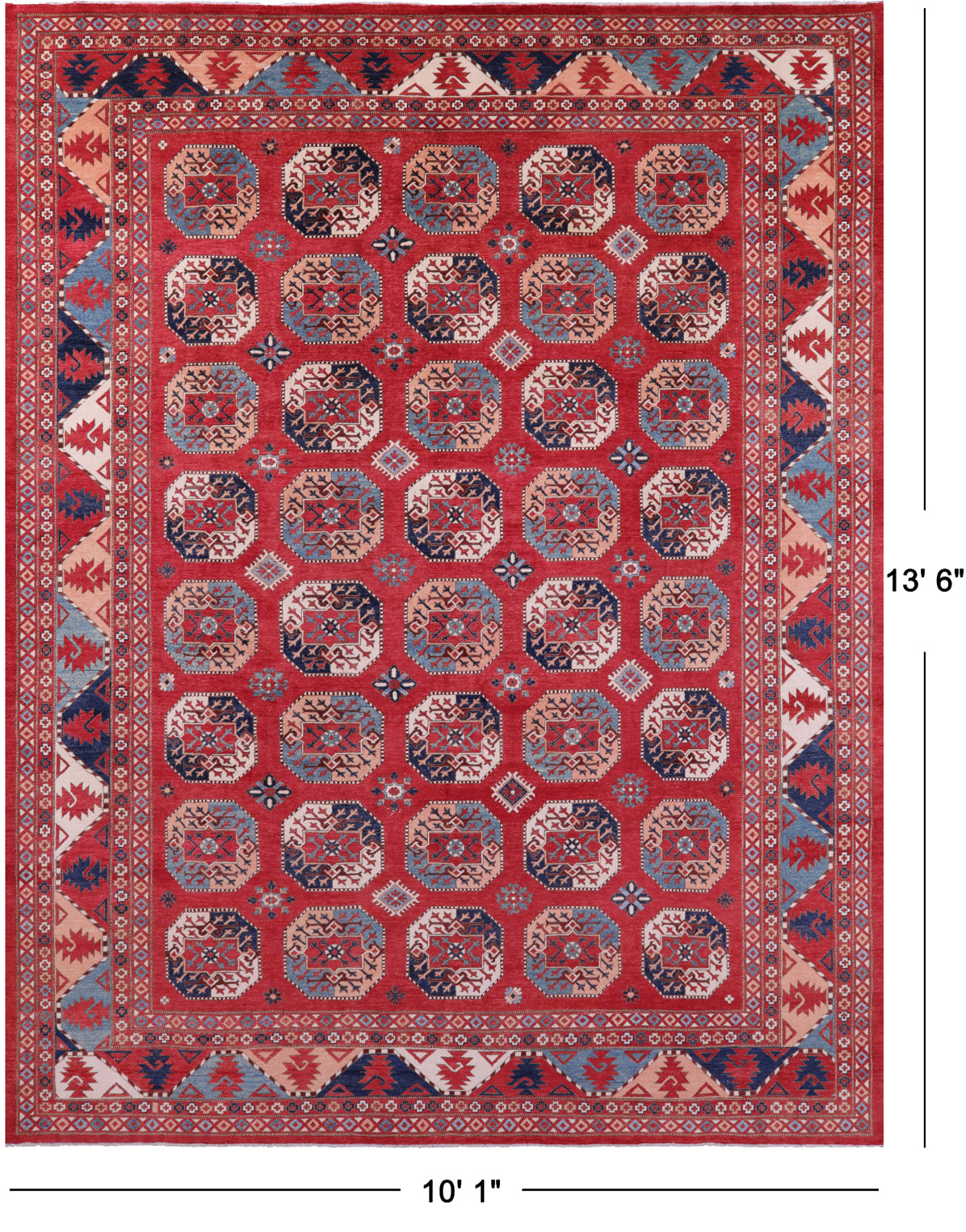 Red Turkmen Ersari Hand Knotted Wool Rug - 10' 1" X 13' 6" - Golden Nile