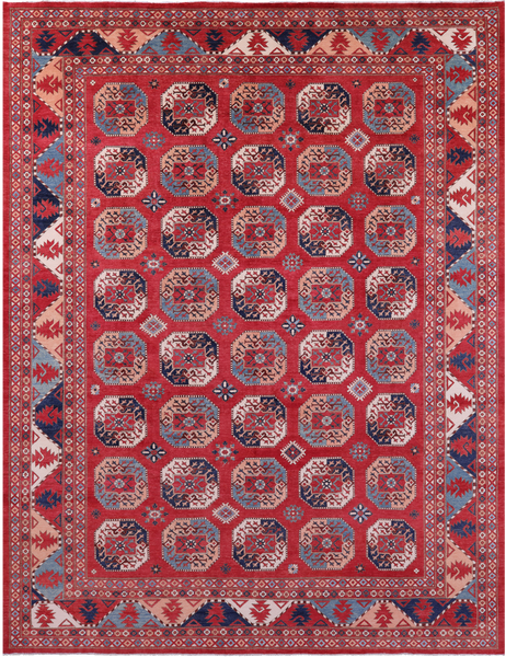 Red Turkmen Ersari Hand Knotted Wool Rug - 10' 1" X 13' 6" - Golden Nile