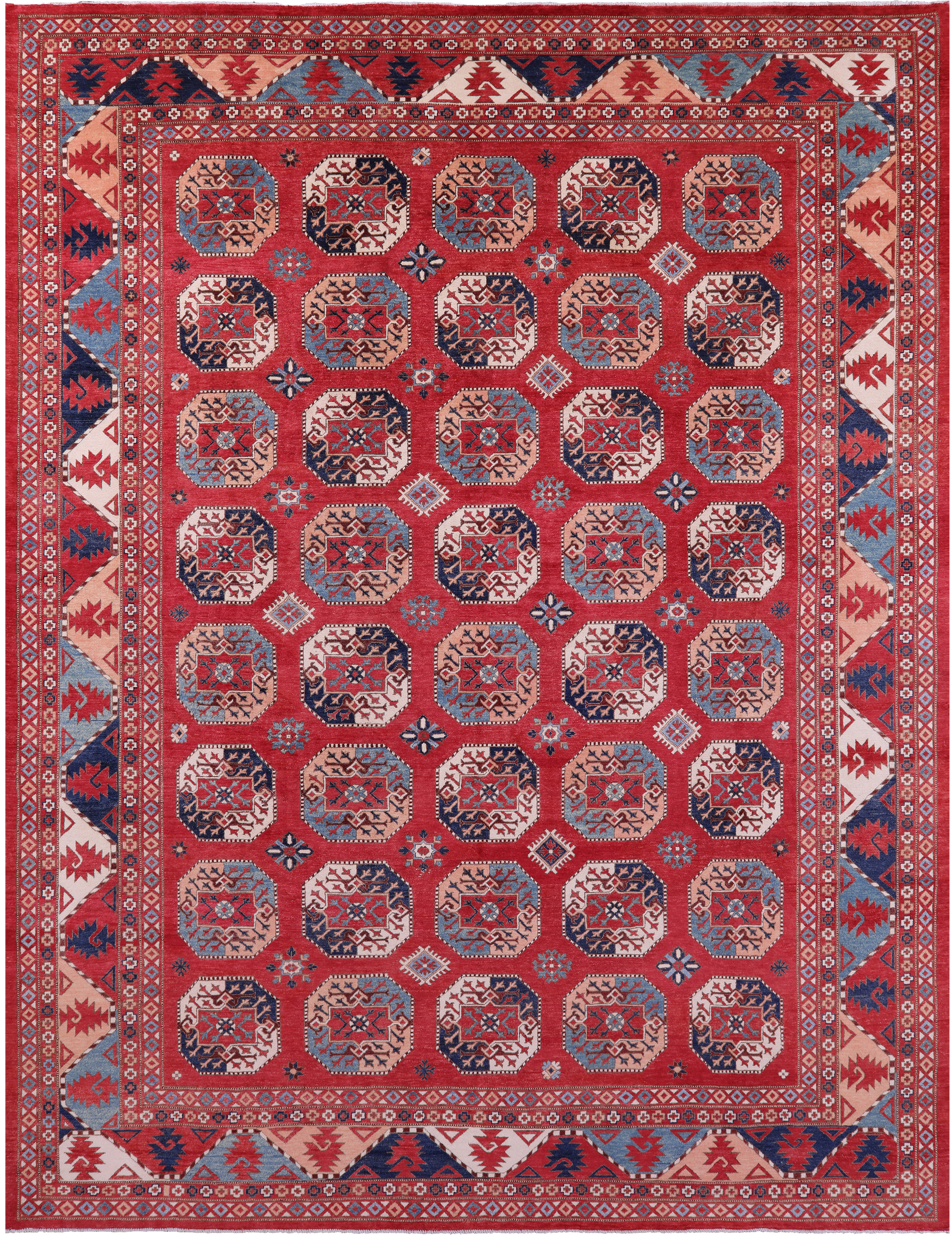 Red Turkmen Ersari Hand Knotted Wool Rug - 10' 1" X 13' 6" - Golden Nile