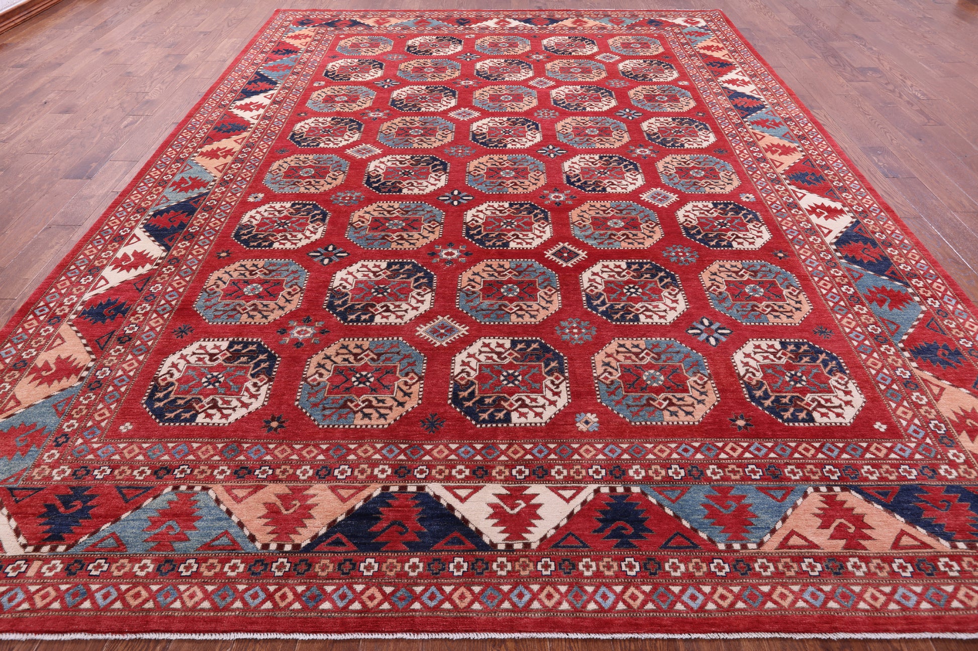 Red Turkmen Ersari Hand Knotted Wool Rug - 10' 1" X 13' 6" - Golden Nile