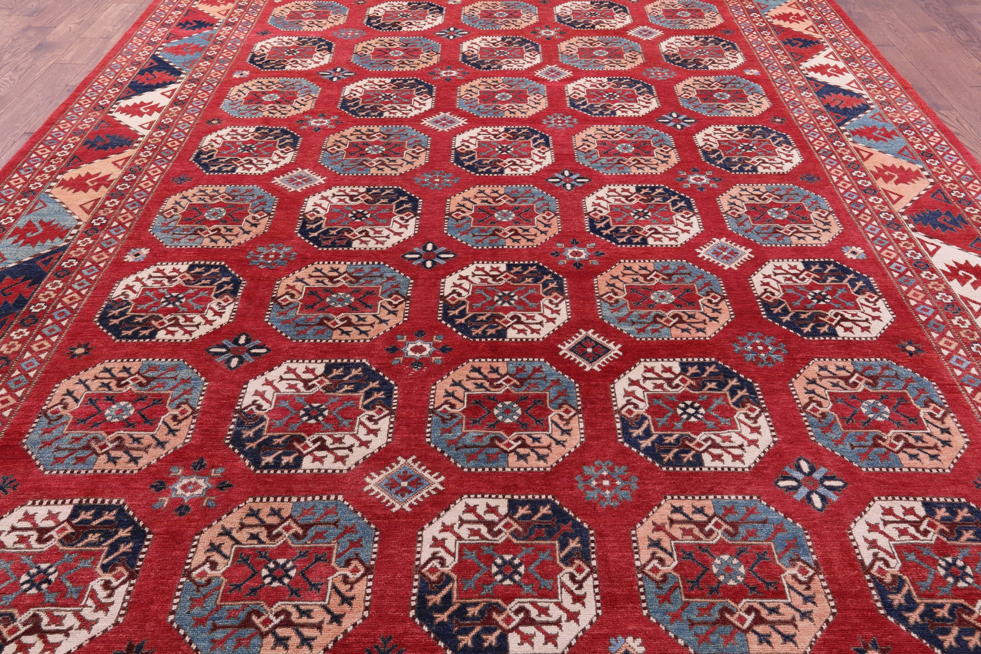 Red Turkmen Ersari Hand Knotted Wool Rug - 10' 1" X 13' 6" - Golden Nile