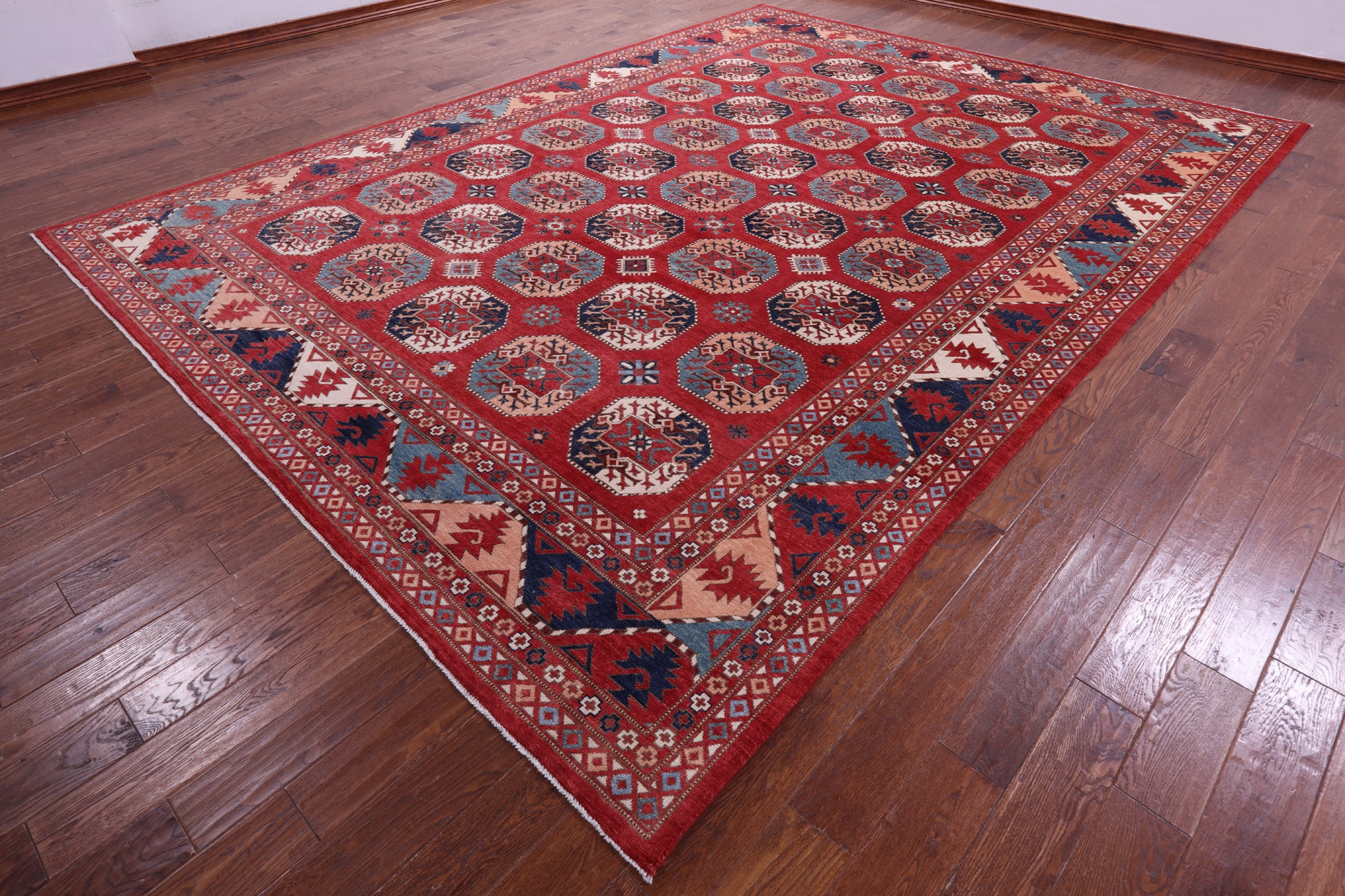 Red Turkmen Ersari Hand Knotted Wool Rug - 10' 1" X 13' 6" - Golden Nile