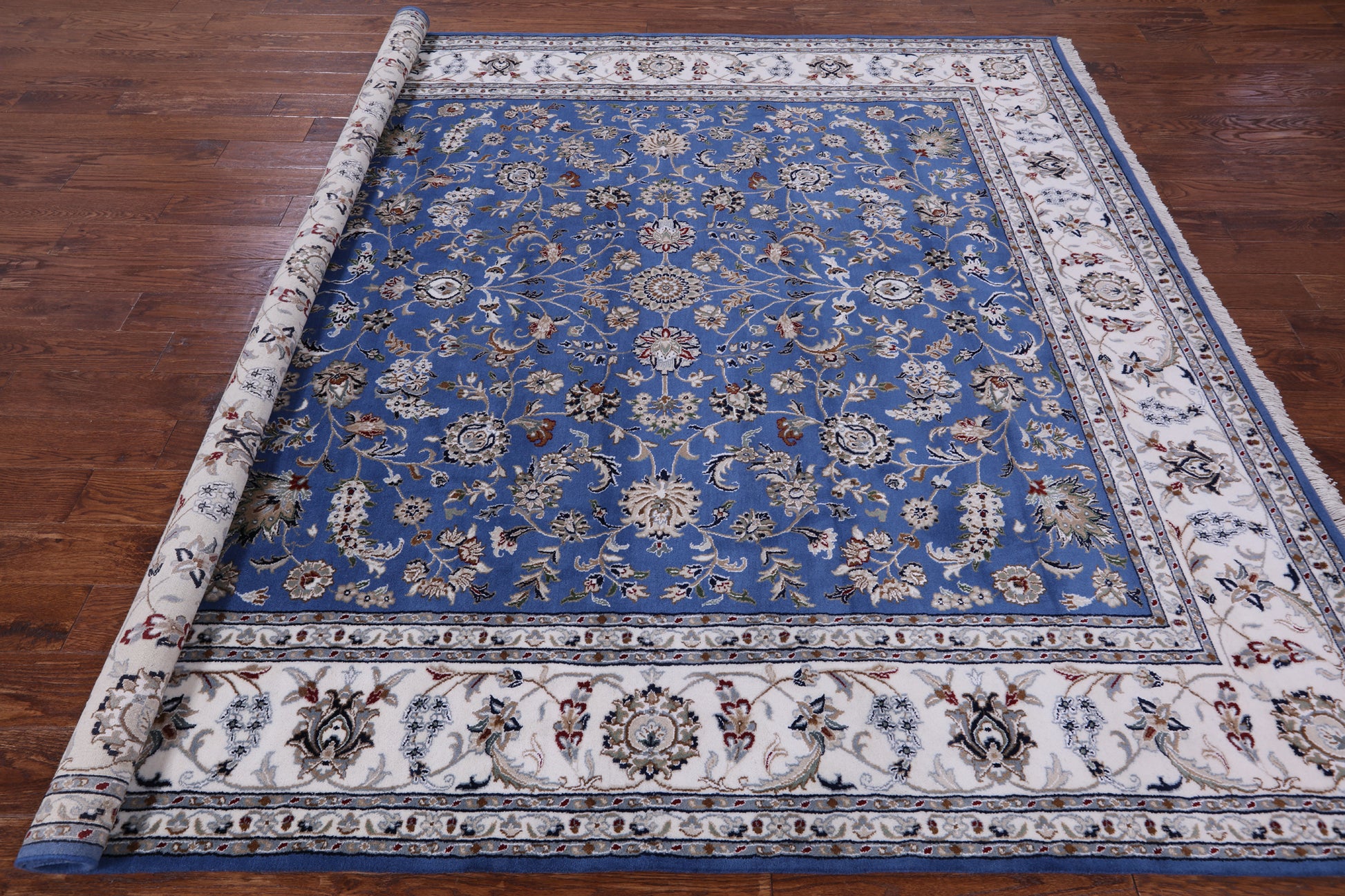 Blue Square Persian Nain Hand Knotted Wool & Silk Rug - 8' 1" X 8' 1" - Golden Nile
