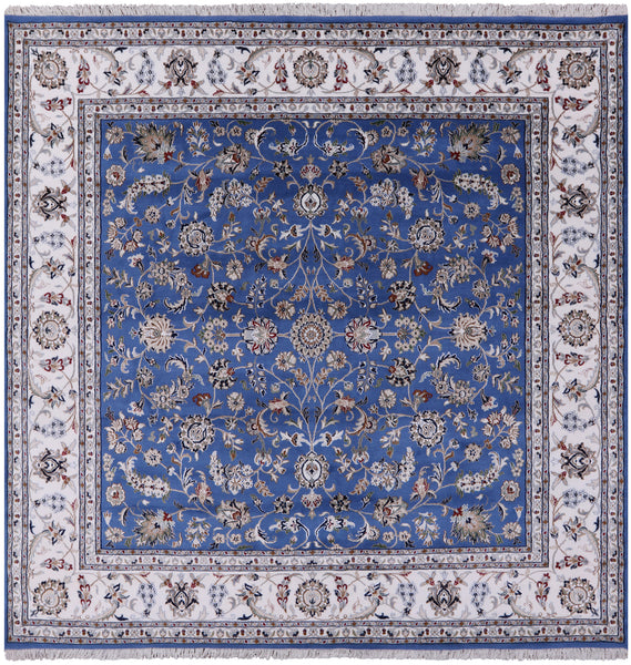 Blue Square Persian Nain Hand Knotted Wool & Silk Rug - 8' 1" X 8' 1" - Golden Nile