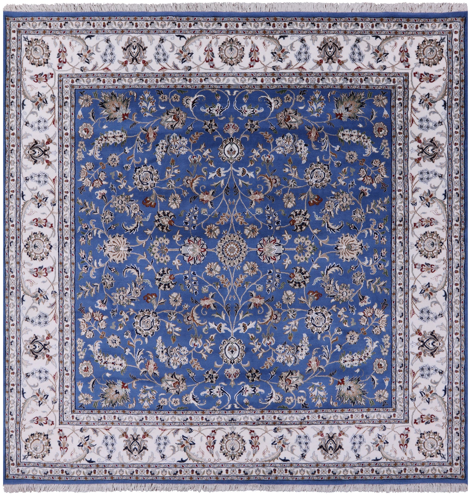 Blue Square Persian Nain Hand Knotted Wool & Silk Rug - 8' 1" X 8' 1" - Golden Nile