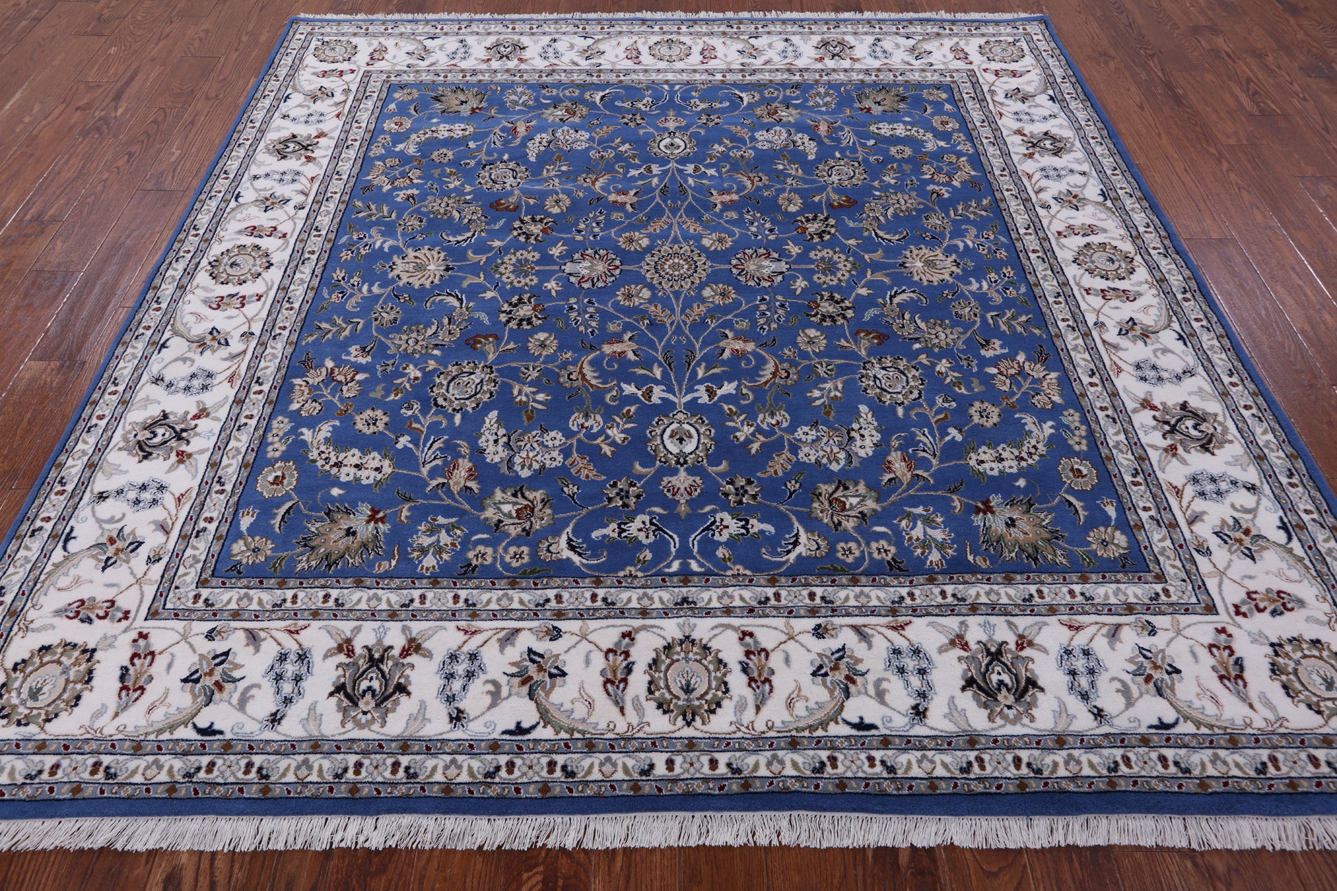 Blue Square Persian Nain Hand Knotted Wool & Silk Rug - 8' 1" X 8' 1" - Golden Nile
