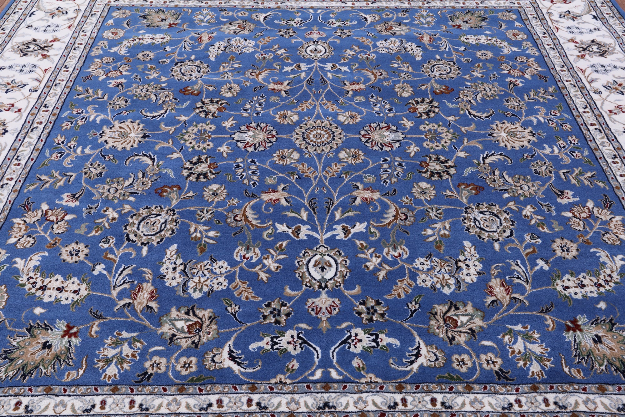 Blue Square Persian Nain Hand Knotted Wool & Silk Rug - 8' 1" X 8' 1" - Golden Nile