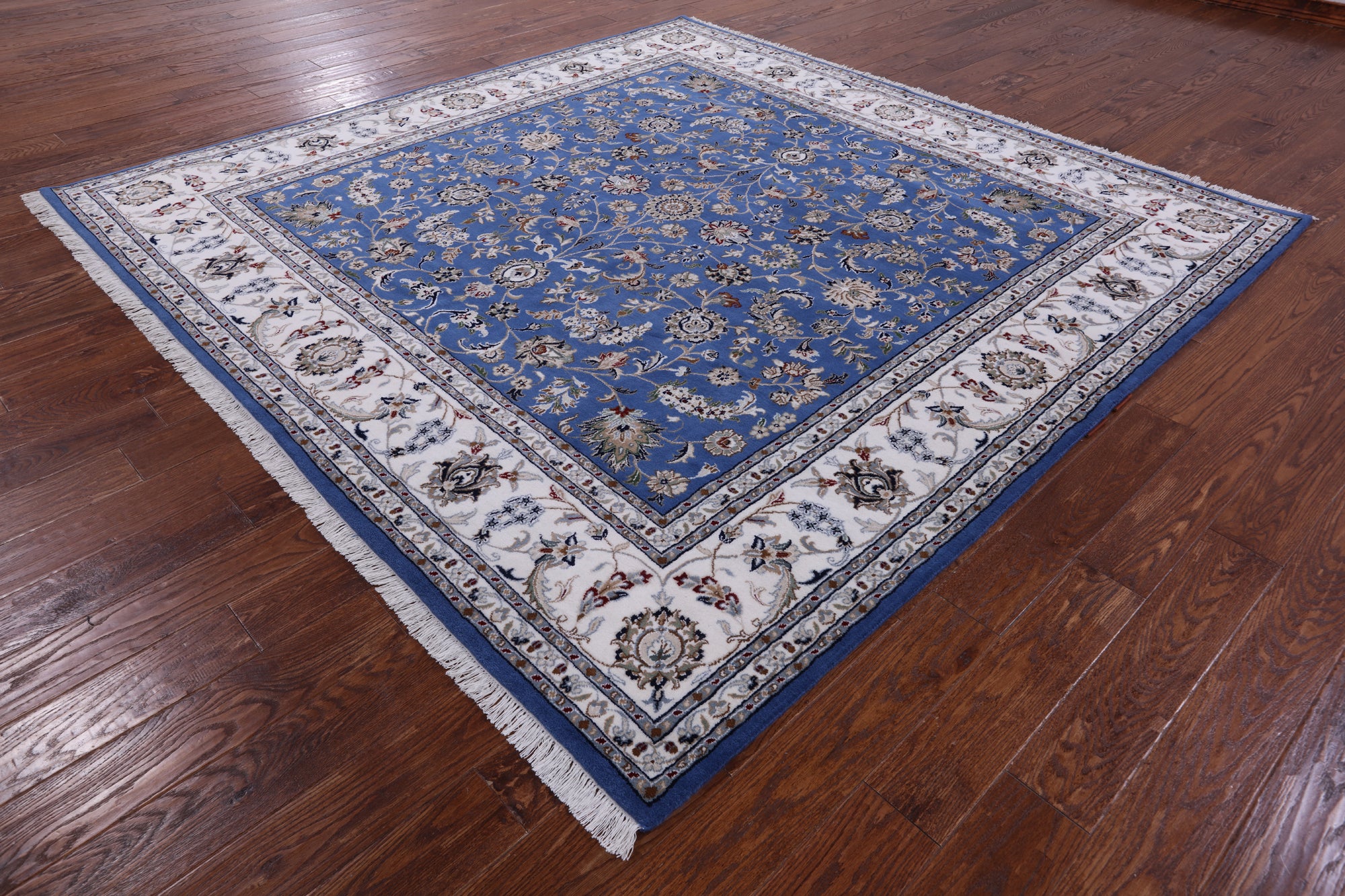 Blue Square Persian Nain Hand Knotted Wool & Silk Rug - 8' 1" X 8' 1" - Golden Nile