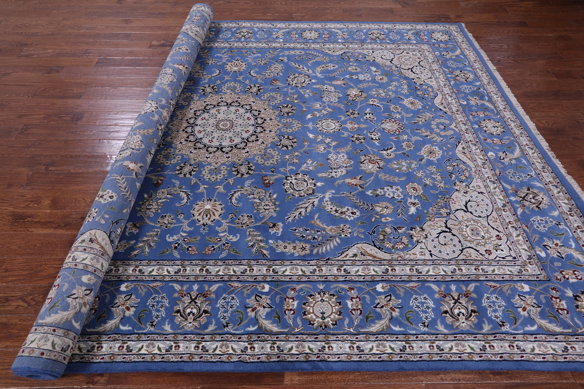 Blue Persian Nain Hand Knotted Wool & Silk Rug - 8' 11" X 12' 4" - Golden Nile