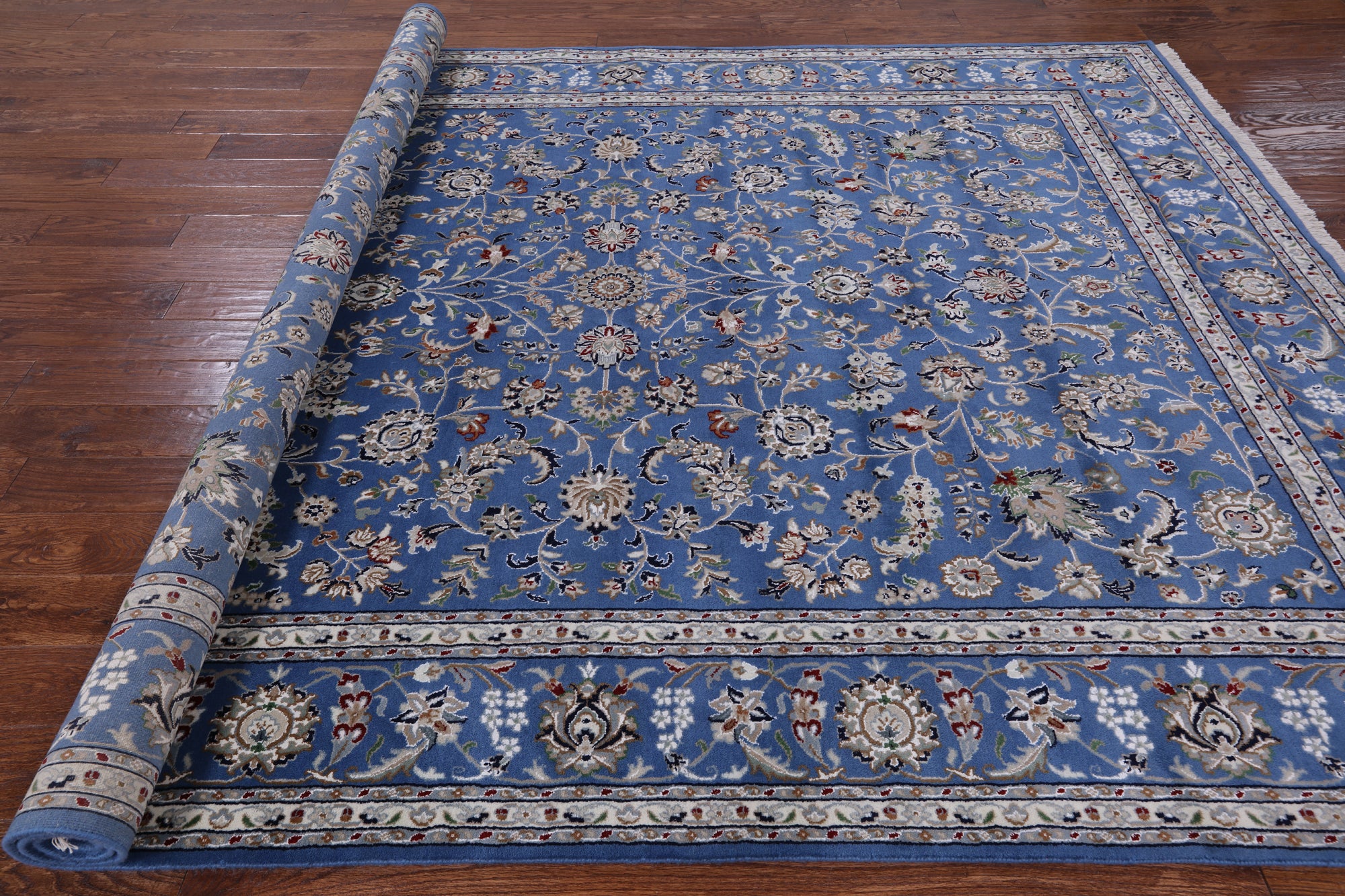 Blue Persian Nain Hand Knotted Wool & Silk Rug - 8' 0" X 10' 1" - Golden Nile