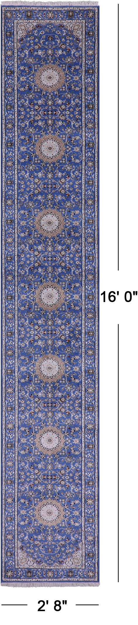 Blue Persian Nain Handmade Wool & Silk Rug - 2' 8" X 16' 0" - Golden Nile