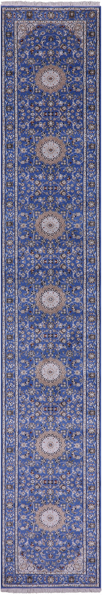 Blue Persian Nain Handmade Wool & Silk Rug - 2' 8" X 16' 0" - Golden Nile