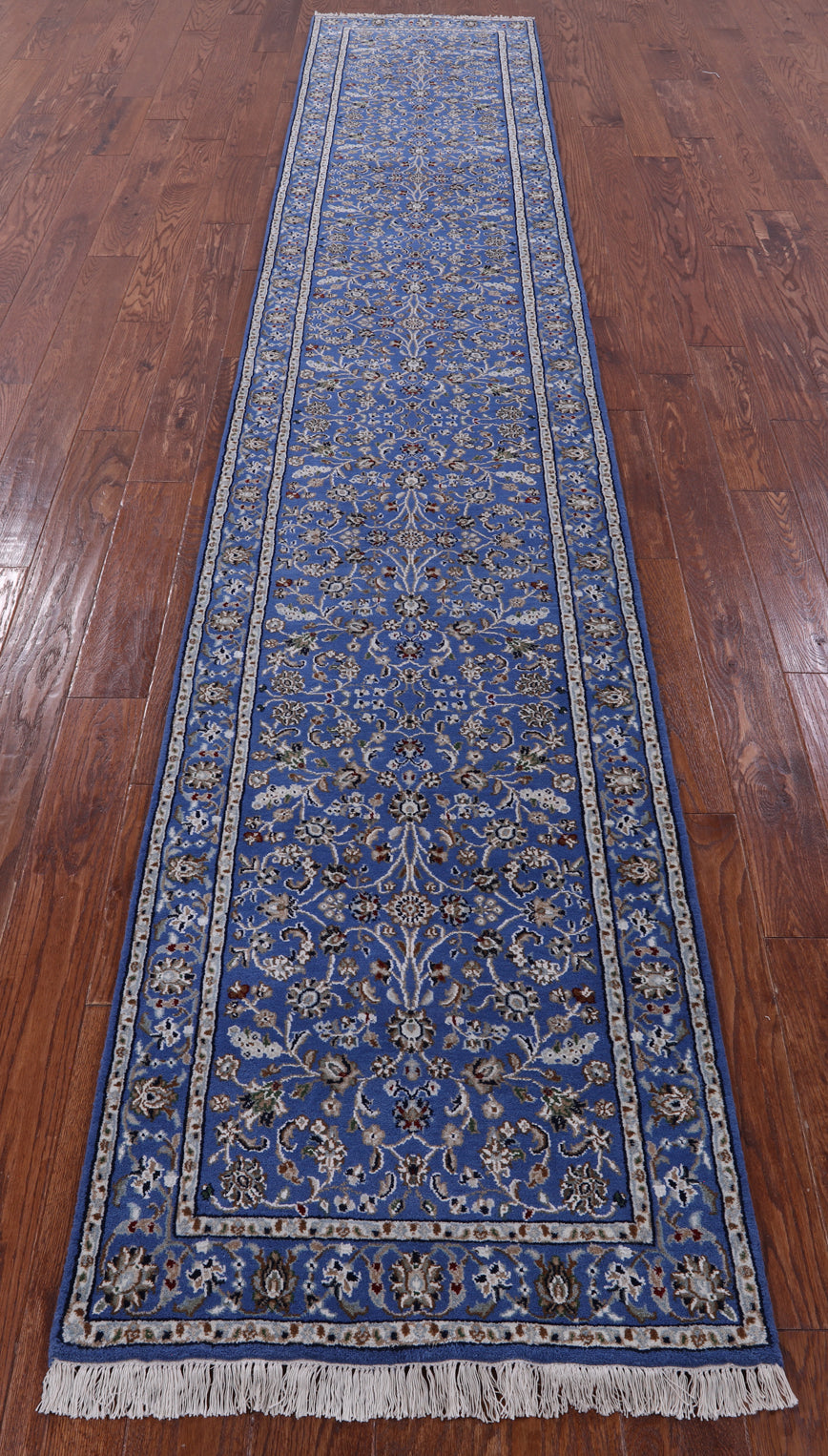 Blue Persian Nain Hand Knotted Wool & Silk Rug - 2' 7" X 14' 2" - Golden Nile