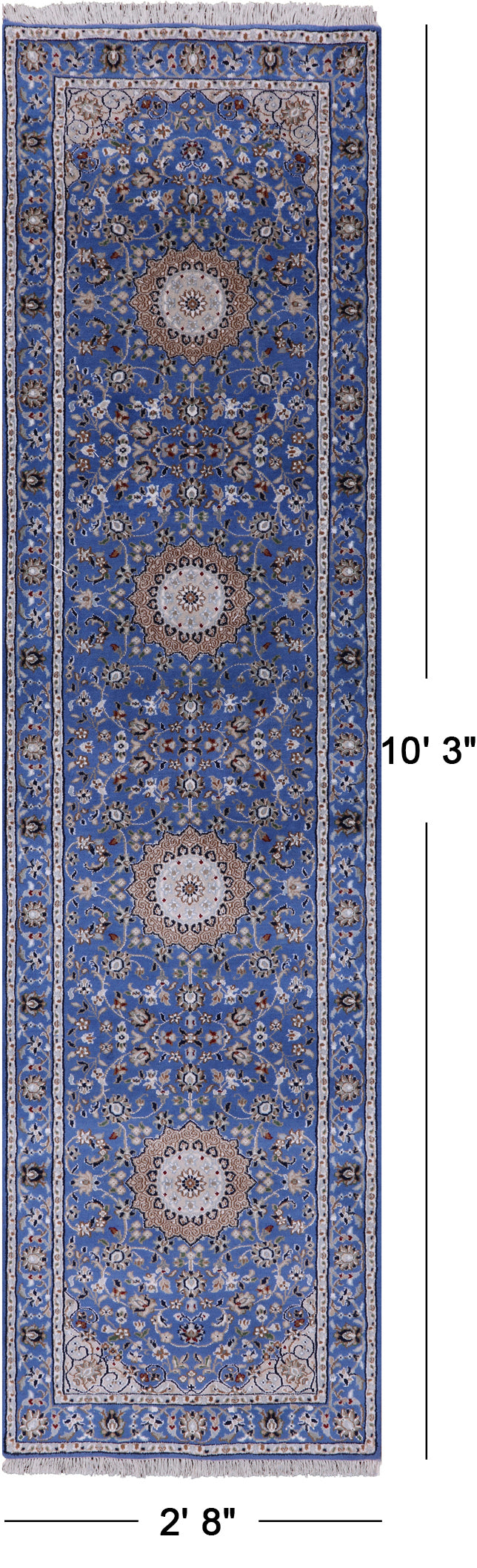 Blue Persian Nain Handmade Wool & Silk Rug - 2' 8" X 10' 3" - Golden Nile