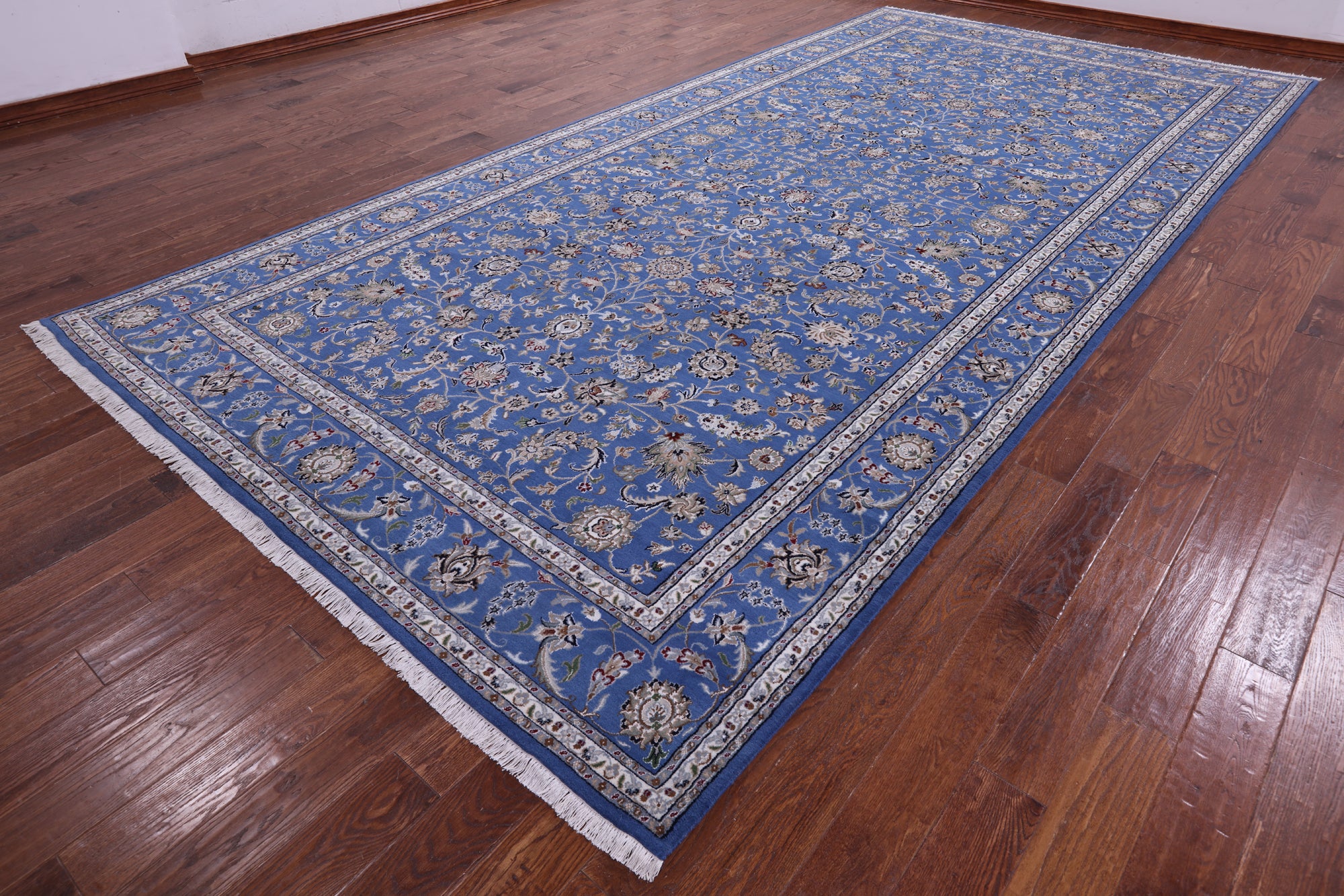 Blue Persian Nain Hand Knotted Wool & Silk Rug - 9' 0" X 19' 1" - Golden Nile
